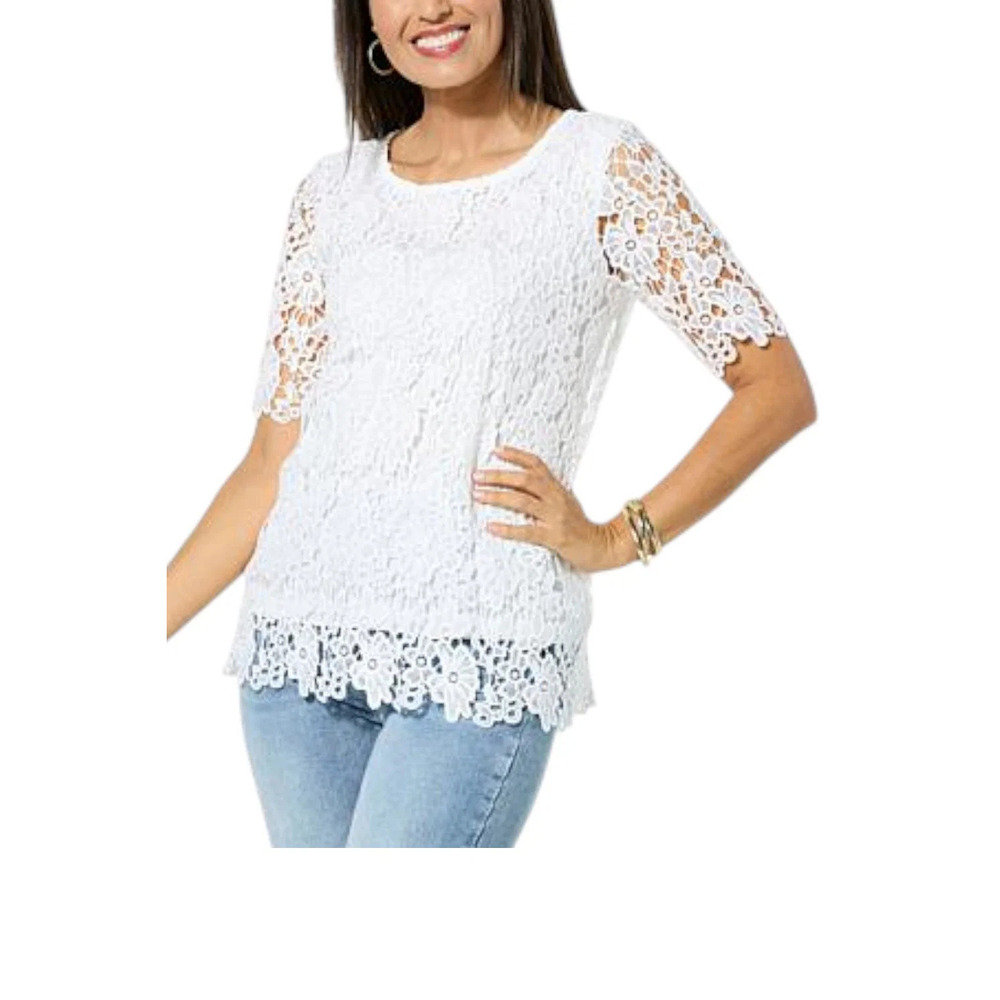 Nina Leonard Women's Elbow Sleeve Lace Top White - Regular